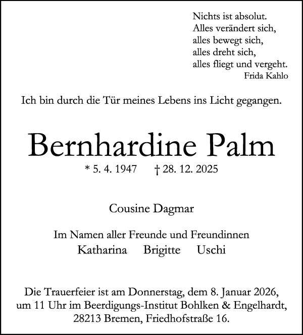 Traueranzeige von Bernhardine Palm von WESER-KURIER