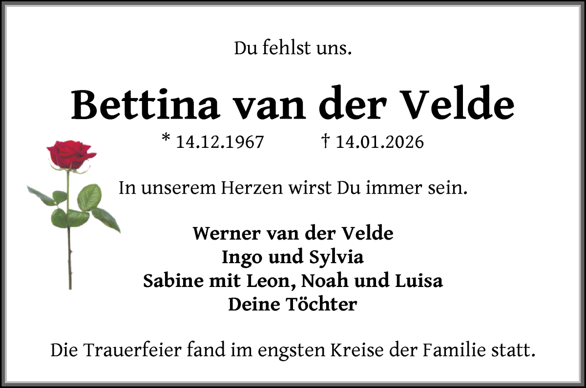 Traueranzeige von Bettina van der Velde von WESER-KURIER