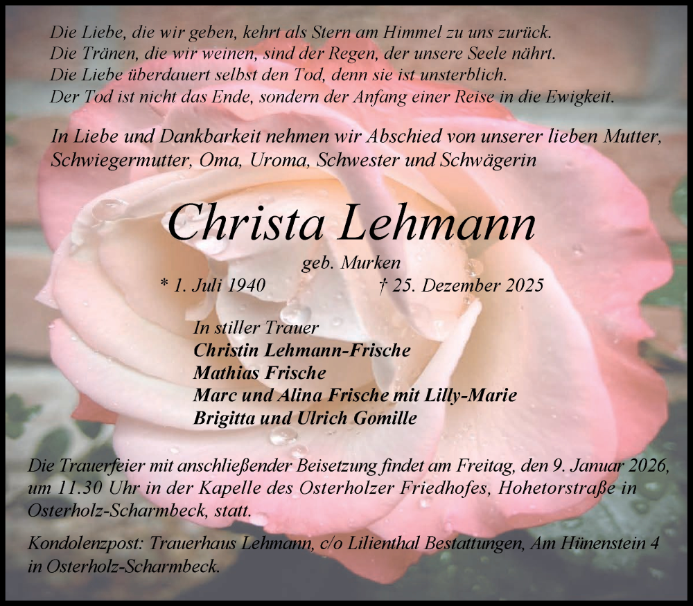 Traueranzeige von Christa Lehmann von Osterholzer Kreisblatt