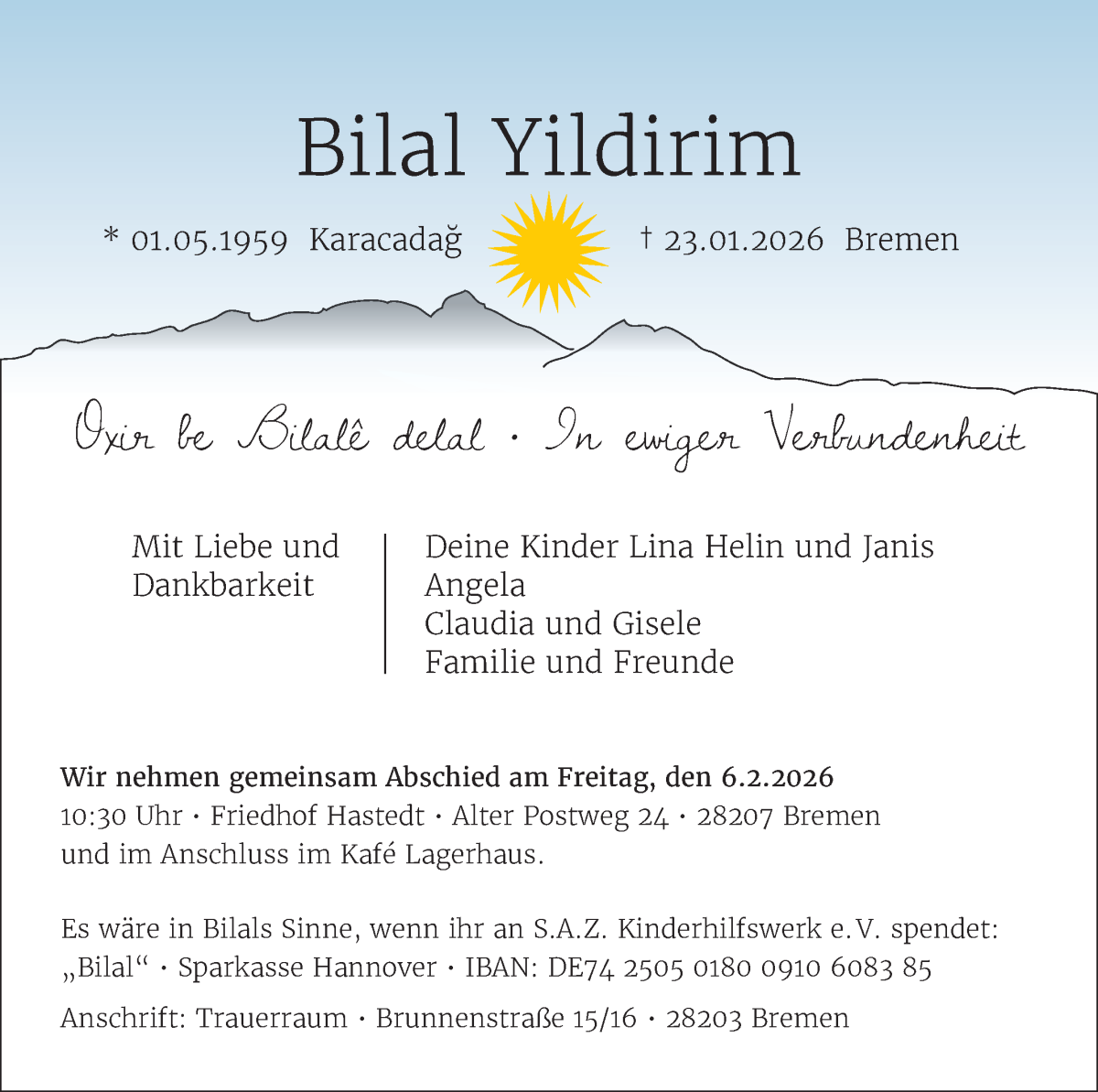 Traueranzeige von Bilal Yildirim von WESER-KURIER