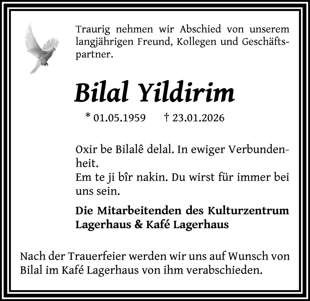 Traueranzeige von Bilal Yildirim von WESER-KURIER