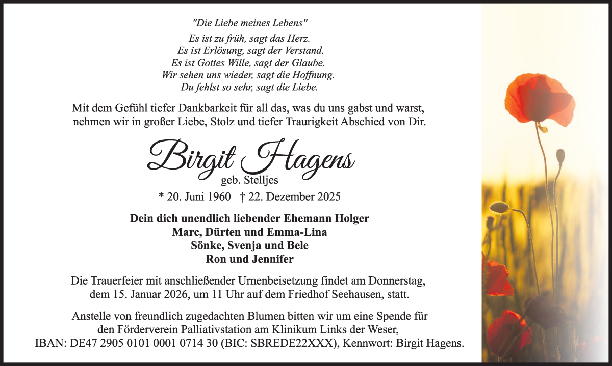  Traueranzeige für Birgit Hagen vom 10.01.2026 aus WESER-KURIER