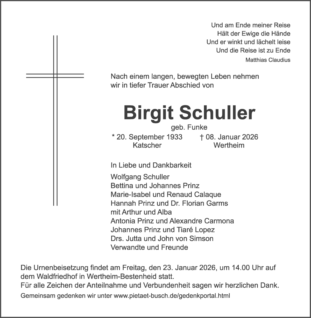 Traueranzeige von Birgit Schuller von Achimer Kurier/Verdener Nachrichten