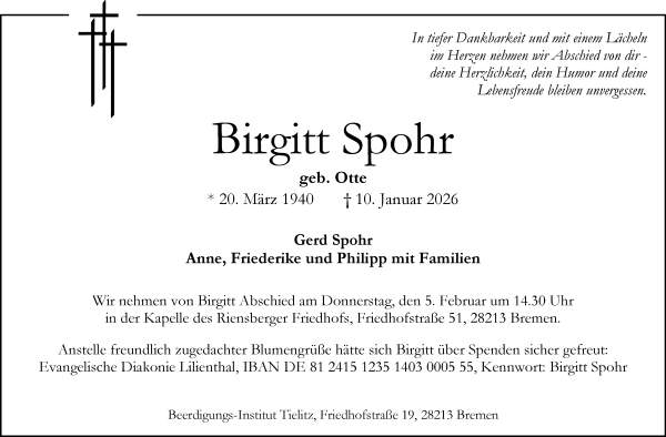 Traueranzeige von Birgitt Spohr von Wuemme Zeitung
