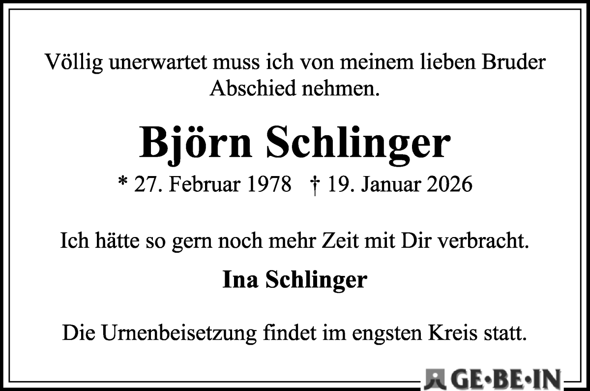 Traueranzeige von Björn Schlinger von WESER-KURIER