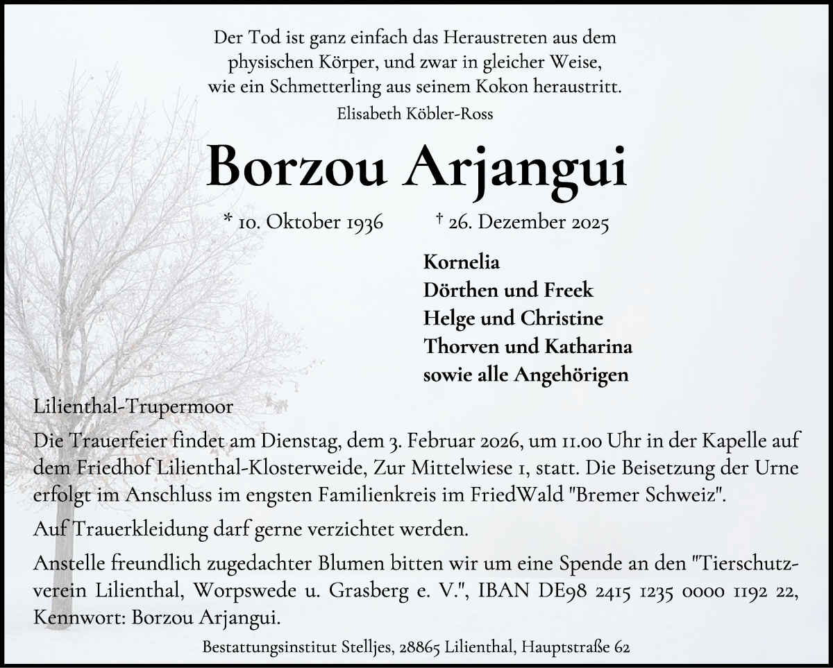 Traueranzeige von Borzou Arjangui von Wuemme Zeitung