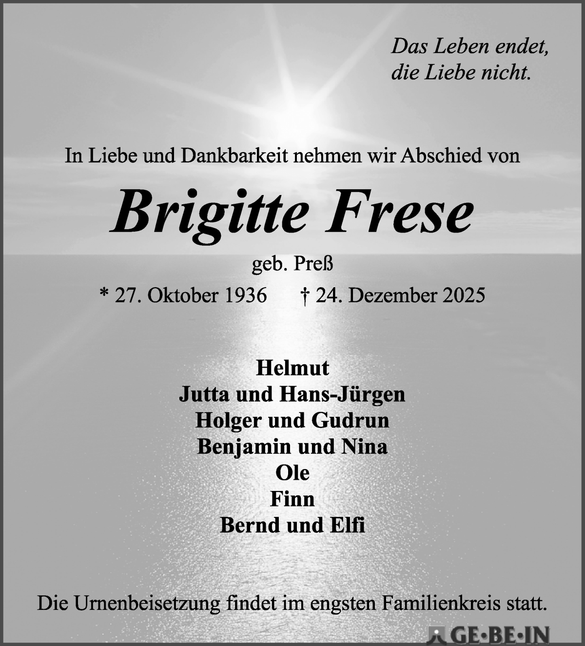  Traueranzeige für Brigitte Frese vom 10.01.2026 aus WESER-KURIER