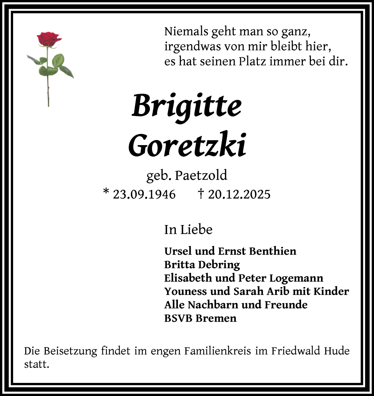 Traueranzeige von Brigitte Goretzki von WESER-KURIER
