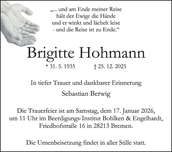 Traueranzeige von Brigitte Hohmann von WESER-KURIER