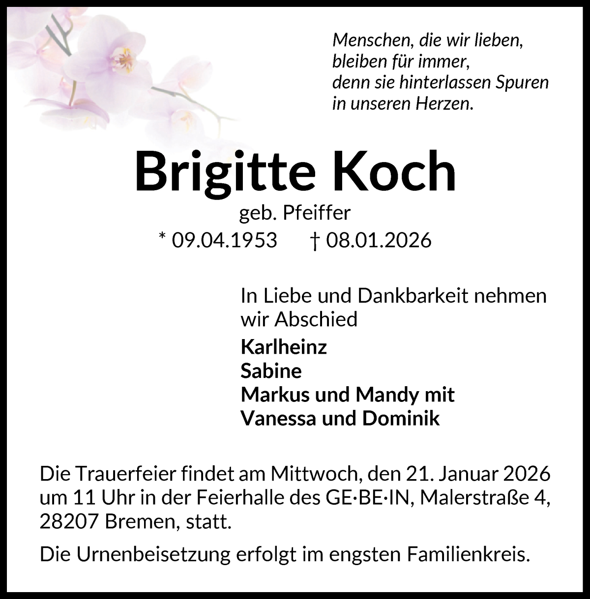 Traueranzeige von Brigitte Koch von WESER-KURIER