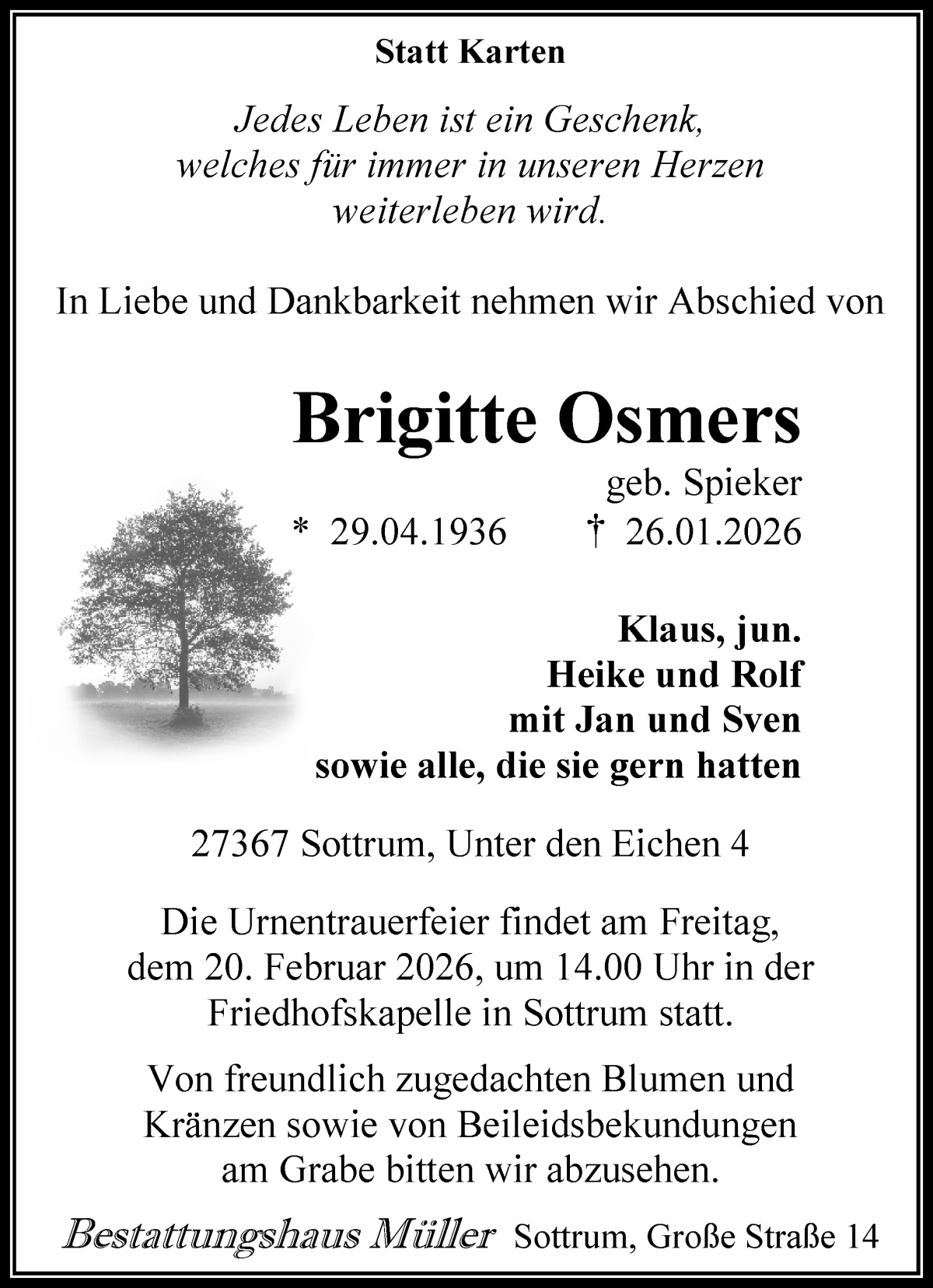  Traueranzeige für Brigitte Osmers vom 31.01.2026 aus WESER-KURIER