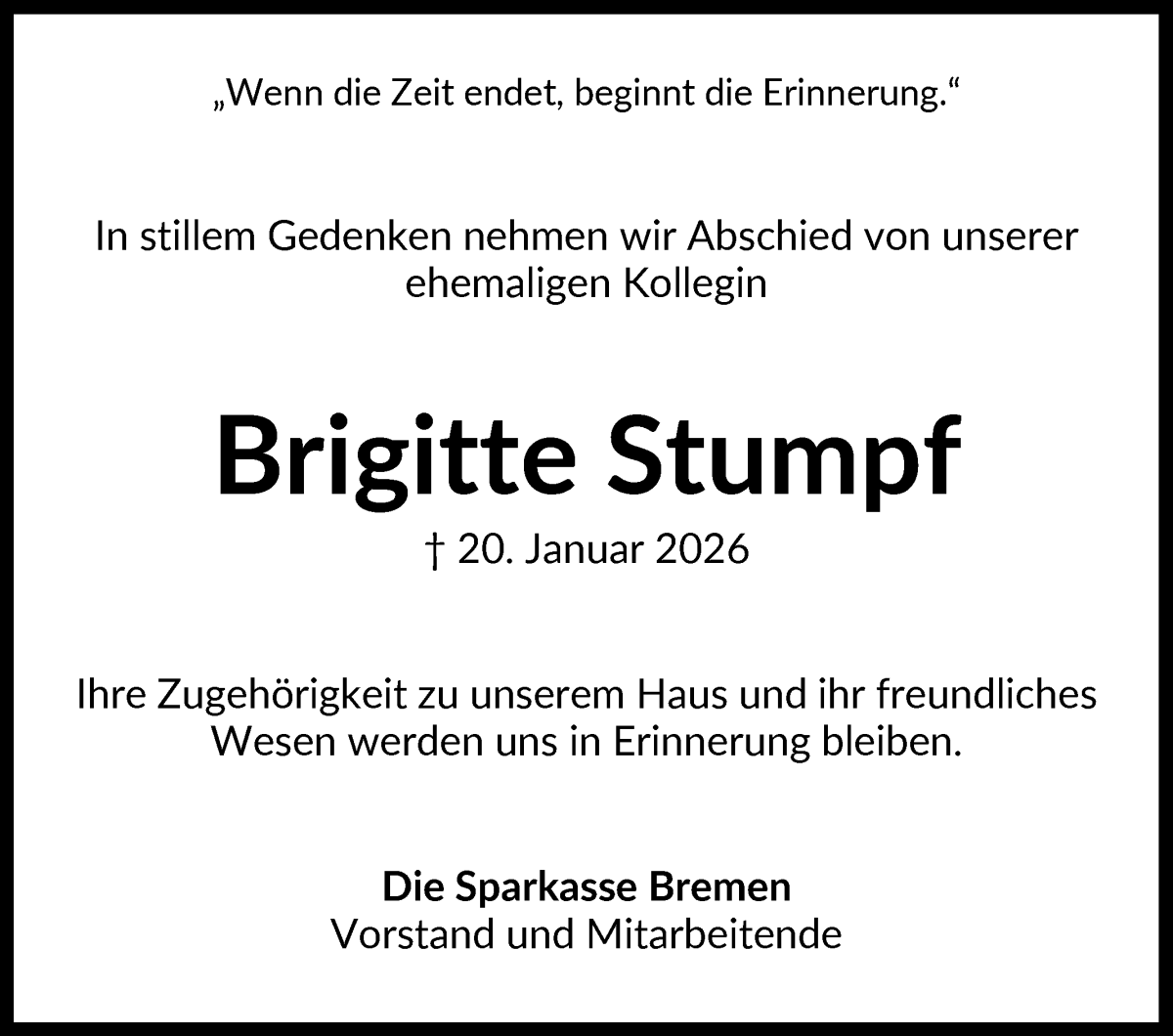 Traueranzeige von Brigitte Stumpf von WESER-KURIER