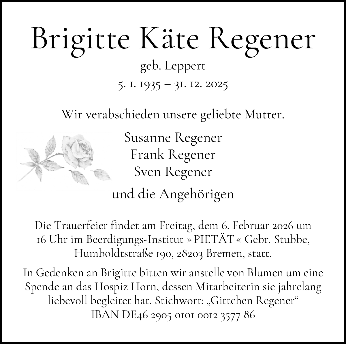 Traueranzeige von Brigitte Käte Regener von WESER-KURIER