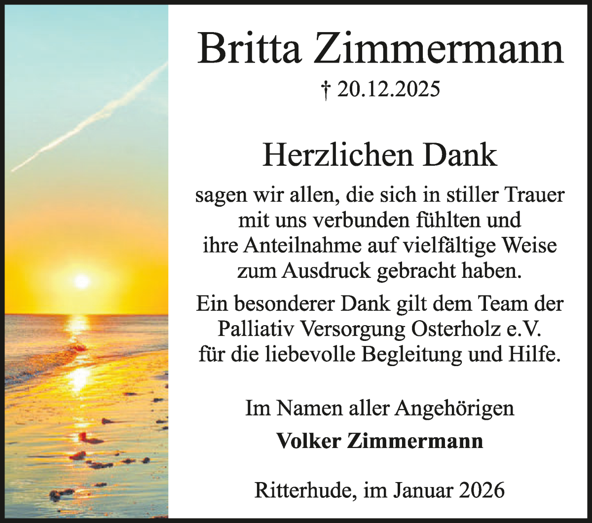 Traueranzeige von Britta Zimmermann von Osterholzer Kreisblatt
