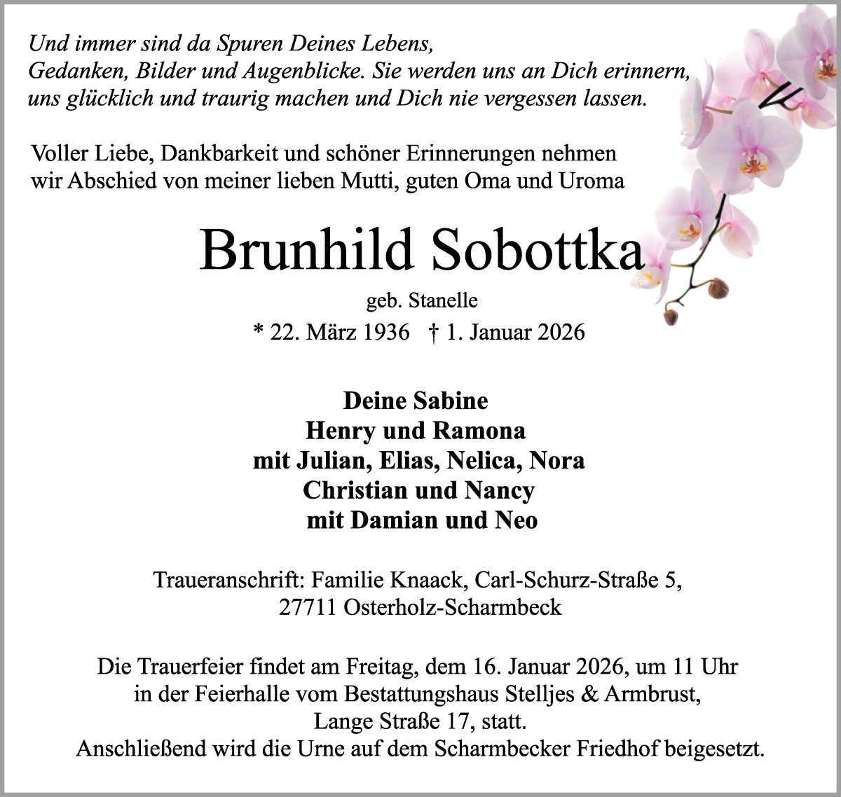 Traueranzeige von Brunhild Sobottka von Osterholzer Kreisblatt