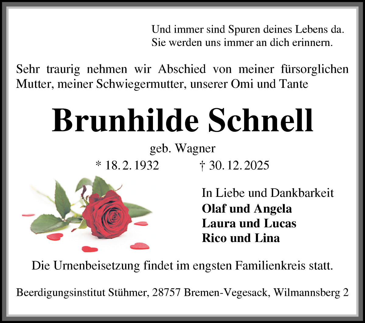 Traueranzeige von Brunhilde Schnell von Die Norddeutsche