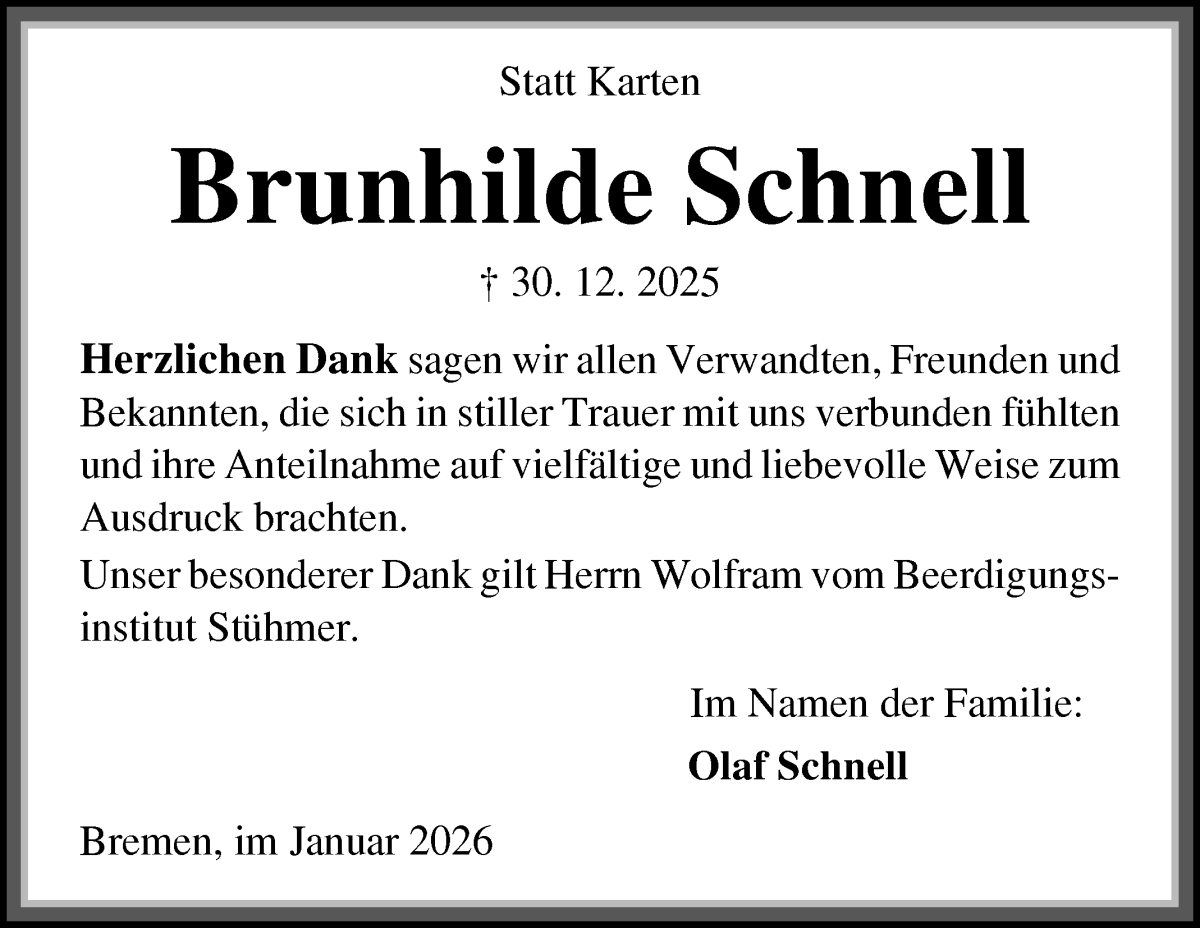 Traueranzeige von Brunhilde Schnell von Die Norddeutsche