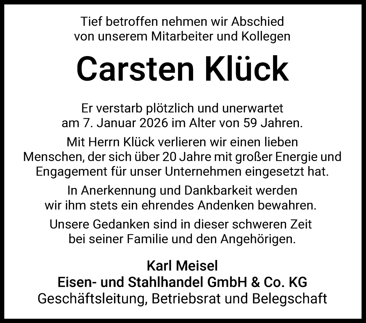 Traueranzeige von Carsten Klück von WESER-KURIER