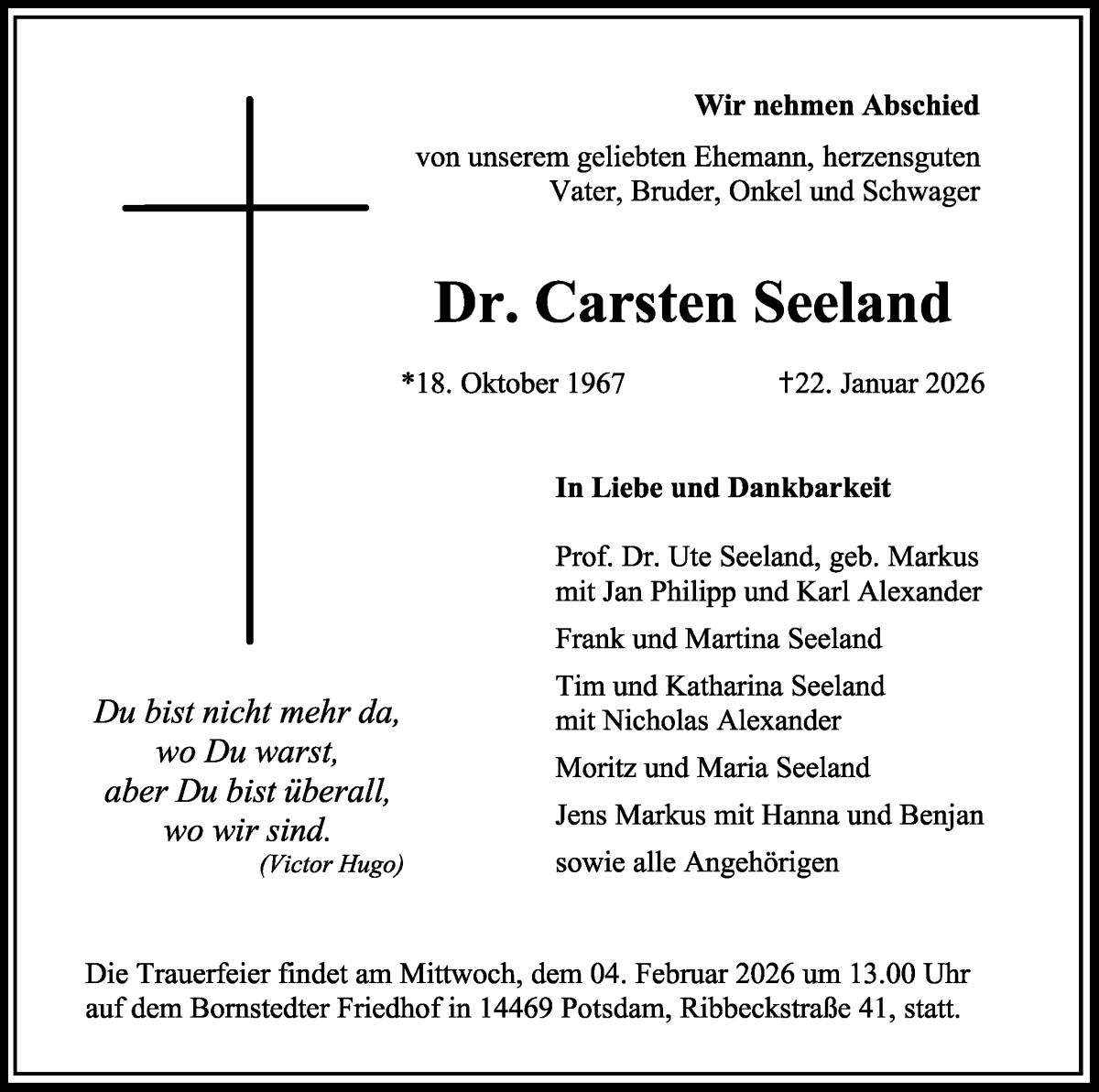 Traueranzeige von Carsten Seeland von WESER-KURIER