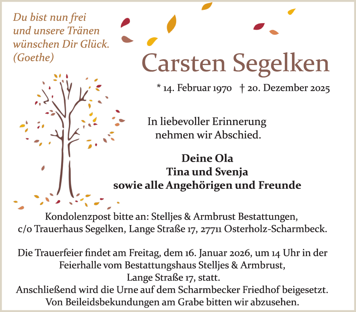 Traueranzeige von Carsten Segelken von Osterholzer Kreisblatt