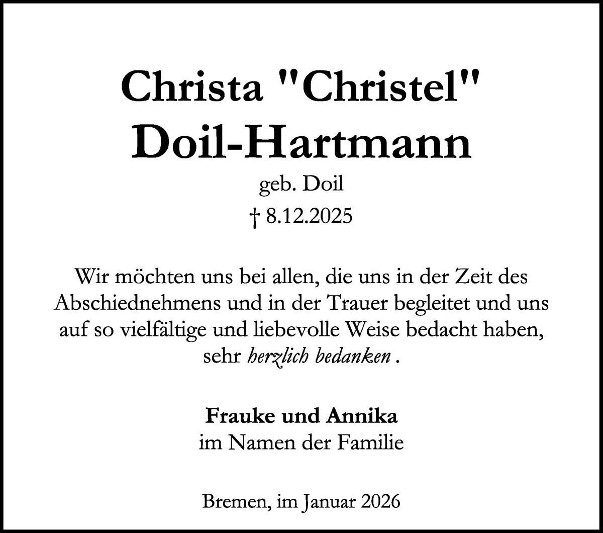 Traueranzeige von Christa Doil-Hartmann von WESER-KURIER