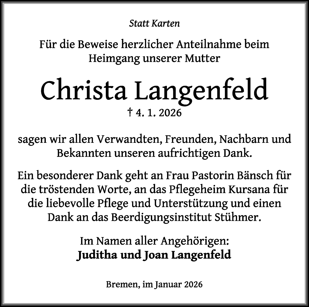 Traueranzeige von Christa Langenfeld von Die Norddeutsche