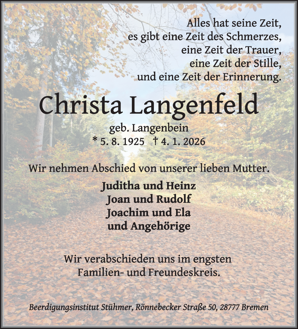 Traueranzeige von Christa Langenfeld von Die Norddeutsche