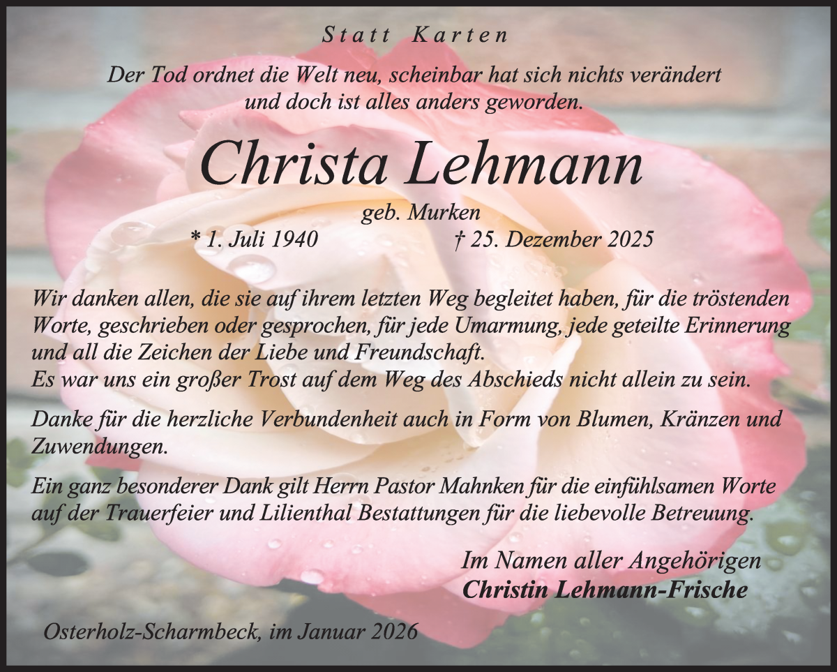 Traueranzeige von Christa Lehmann von Osterholzer Kreisblatt
