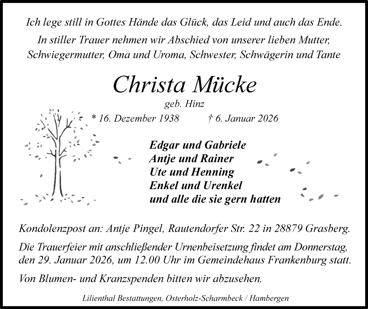Traueranzeige von Christa Mücke von Osterholzer Kreisblatt