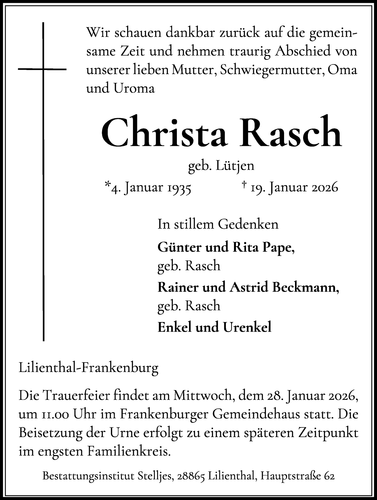 Traueranzeige von Christa Rasch von Wuemme Zeitung