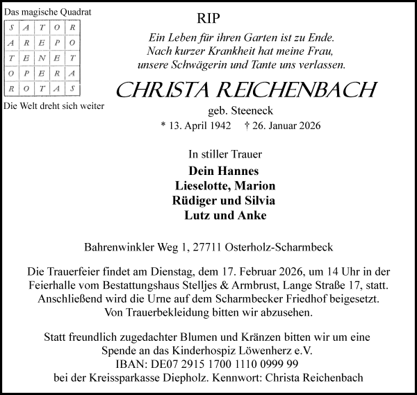 Traueranzeige von Christa Reichenbach von Osterholzer Kreisblatt