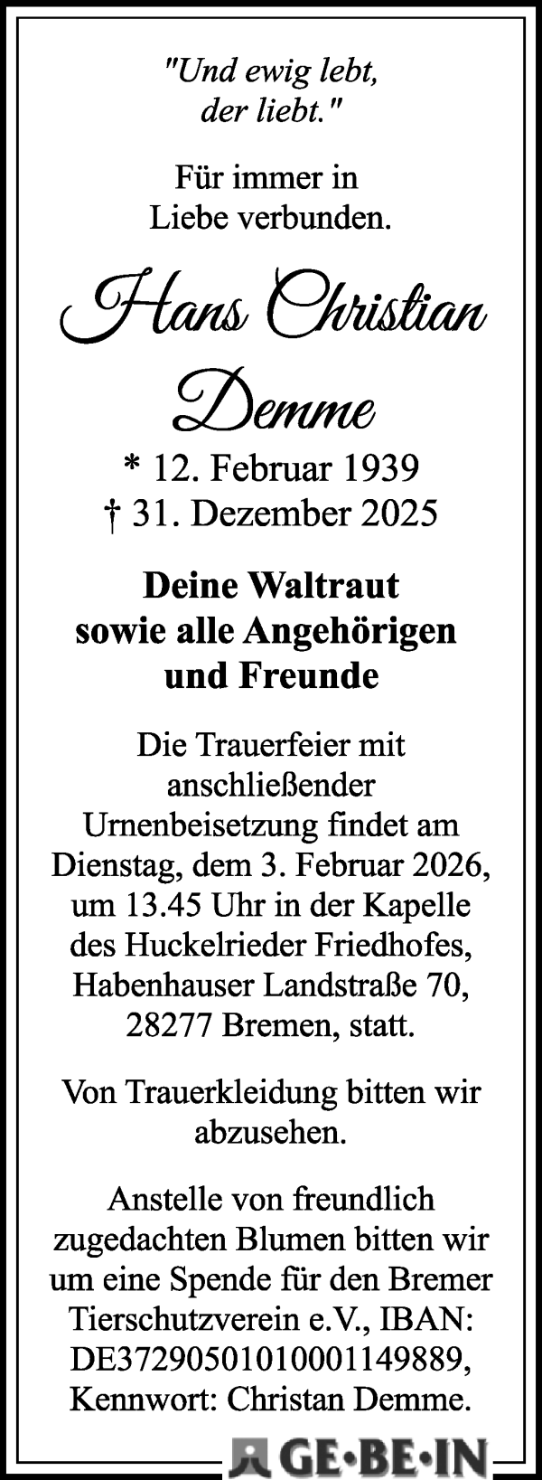 Traueranzeige von Christan Demme von WESER-KURIER