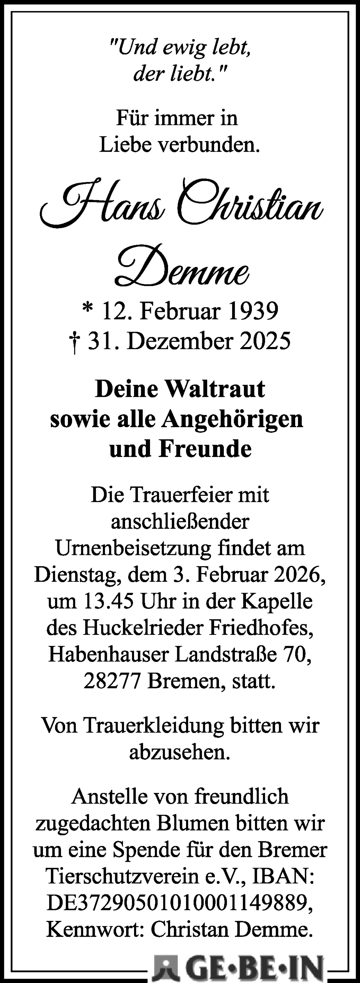  Traueranzeige für Christan Demme vom 17.01.2026 aus WESER-KURIER