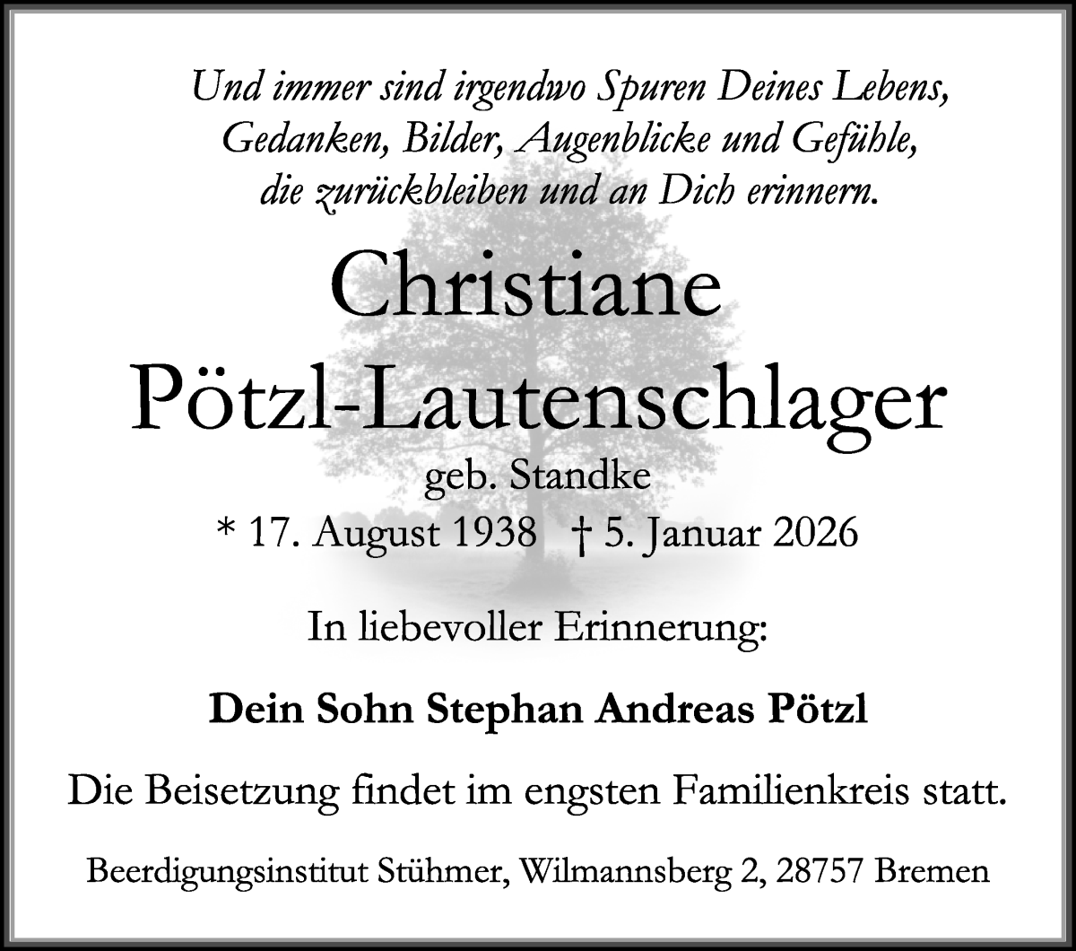 Traueranzeige von Christiane Potzl-Lautenschlager von WESER-KURIER