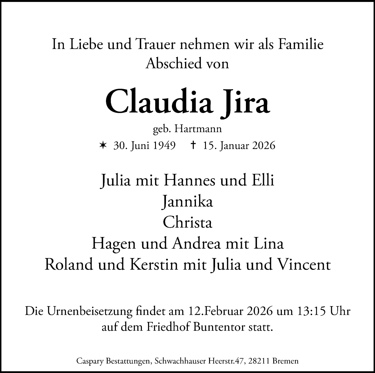 Traueranzeige von Claudia Jira von WESER-KURIER