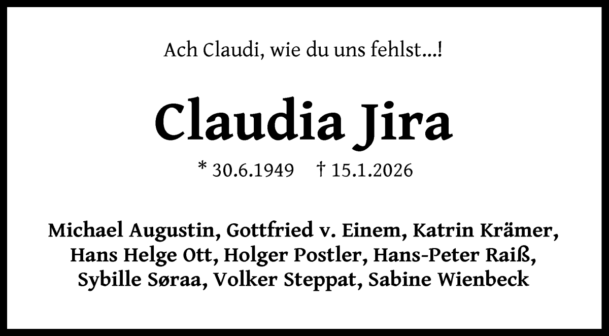 Traueranzeige von Claudia Jira von WESER-KURIER