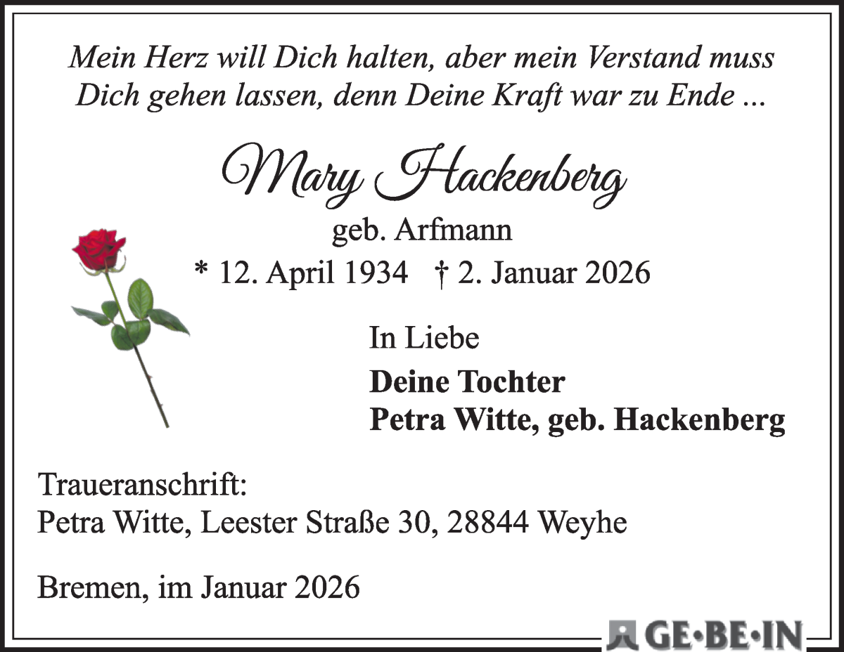  Traueranzeige für CNV Hackenberg vom 10.01.2026 aus WESER-KURIER