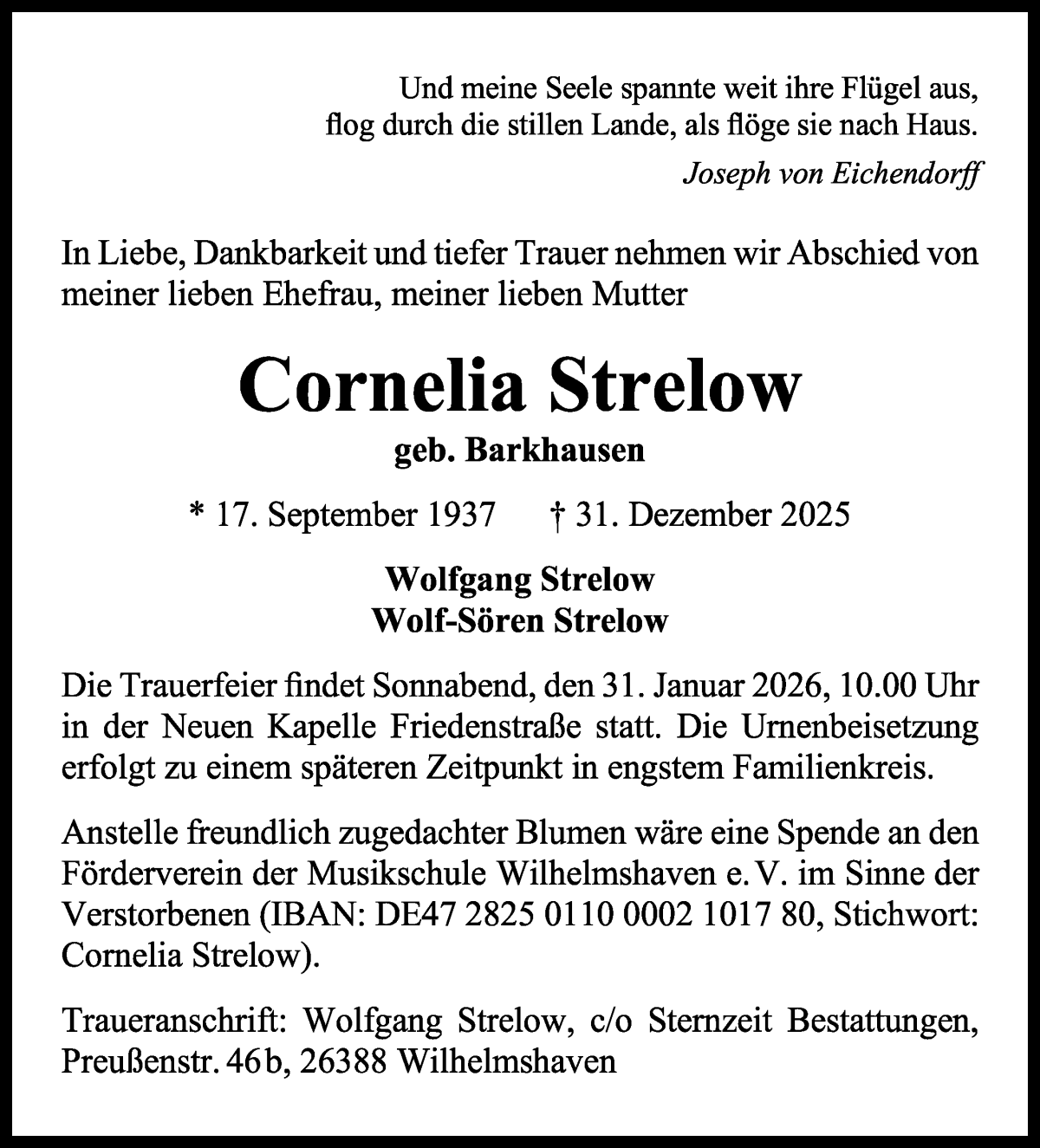 Traueranzeige von Cornelia Strelow von WESER-KURIER