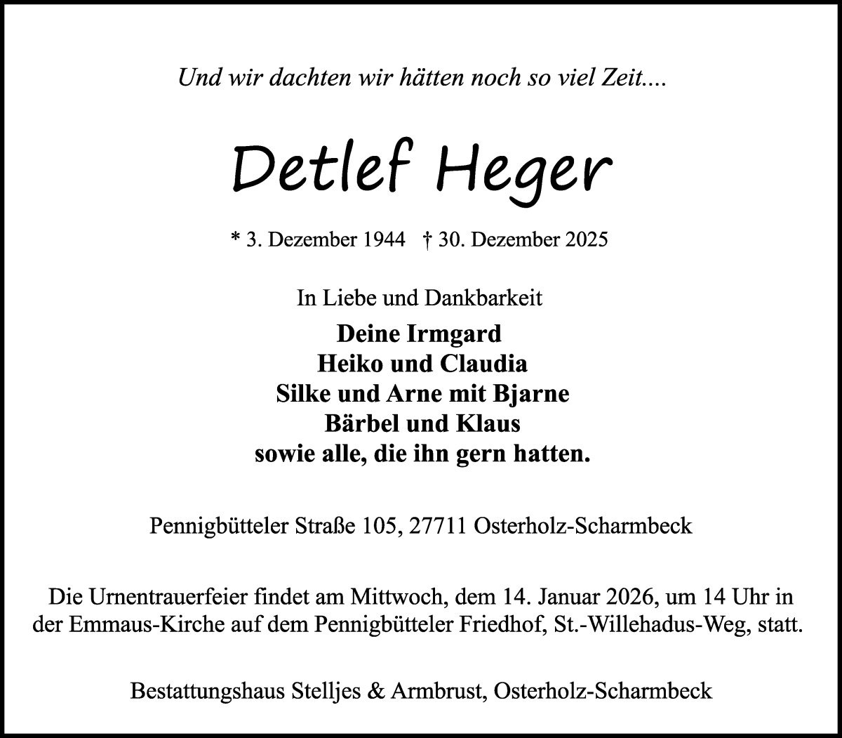  Traueranzeige für Detlef Heger vom 07.01.2026 aus Osterholzer Kreisblatt