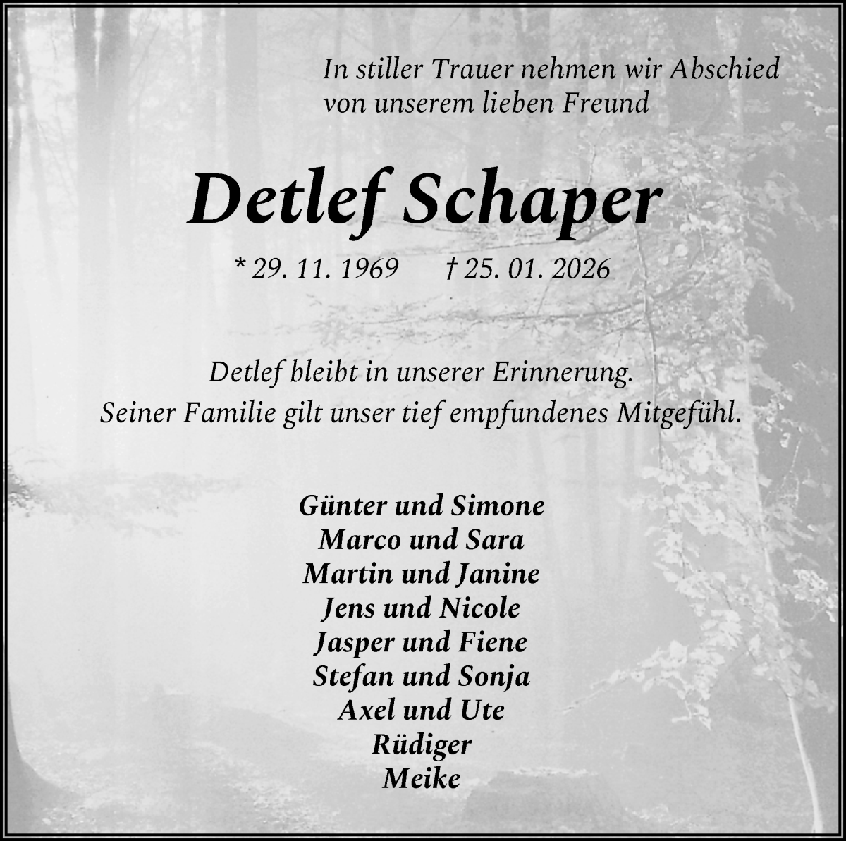  Traueranzeige für Detlef Schaper vom 30.01.2026 aus Osterholzer Kreisblatt
