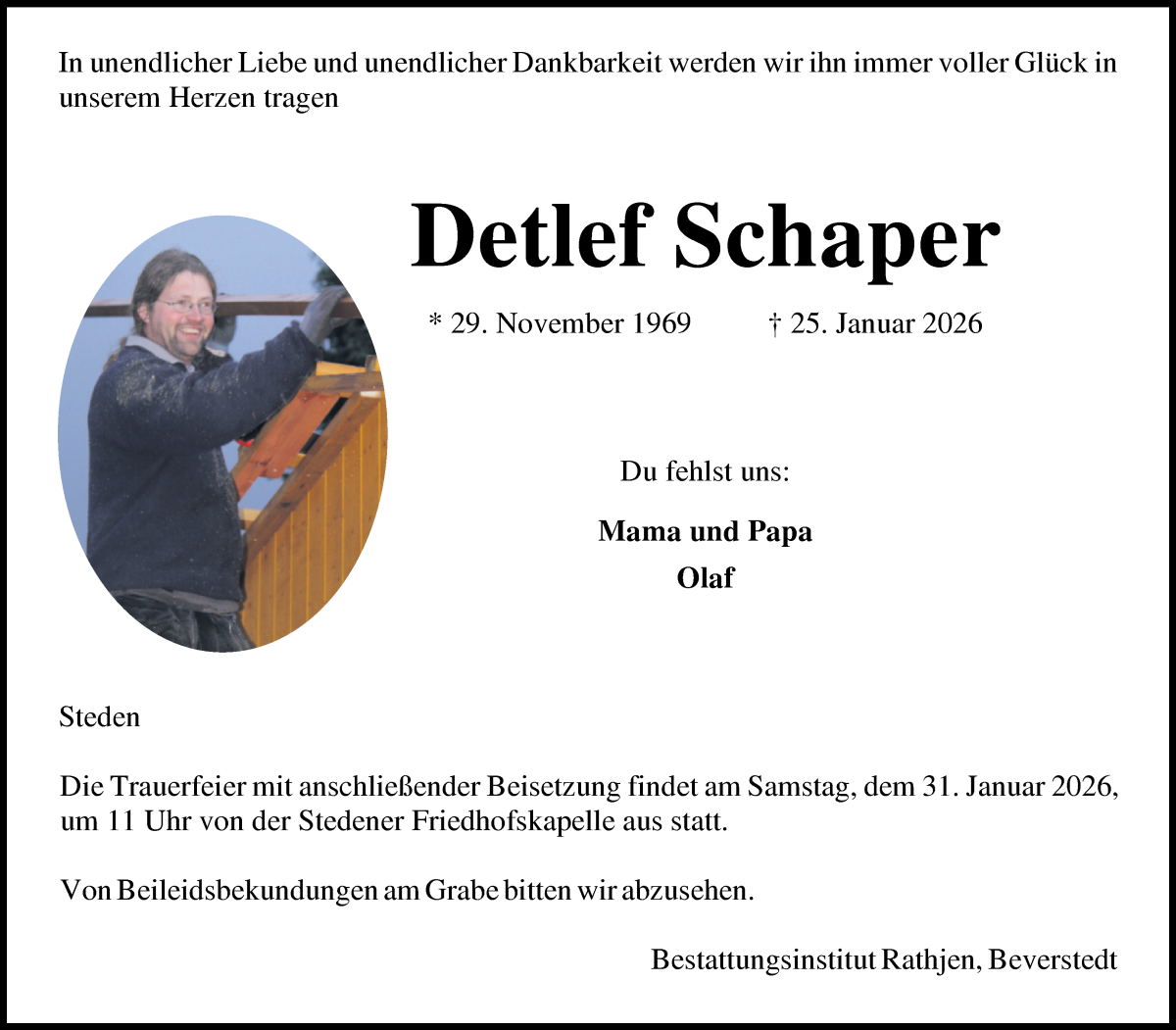  Traueranzeige für Detlef Schaper vom 29.01.2026 aus Osterholzer Kreisblatt