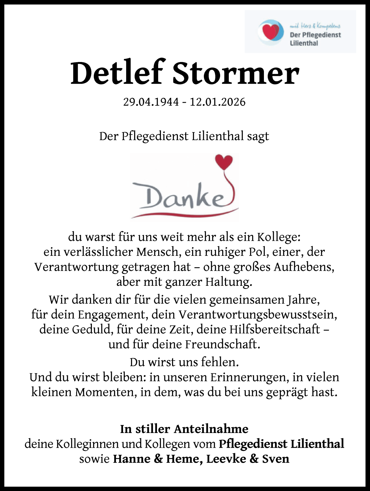 Traueranzeige von Detlef Stormer von Wuemme Zeitung