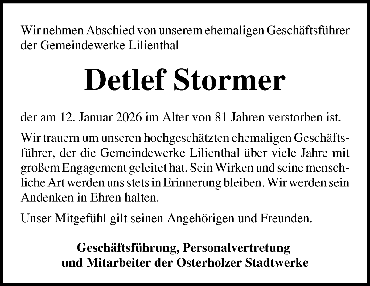 Traueranzeige von Detlef Stormer von Osterholzer Kreisblatt