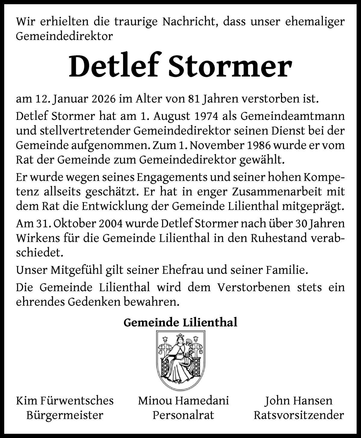 Traueranzeige von Detlef Stormer von Wuemme Zeitung