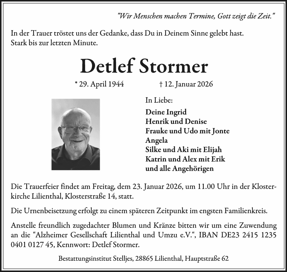 Traueranzeige von Detlef Stormer von Wuemme Zeitung