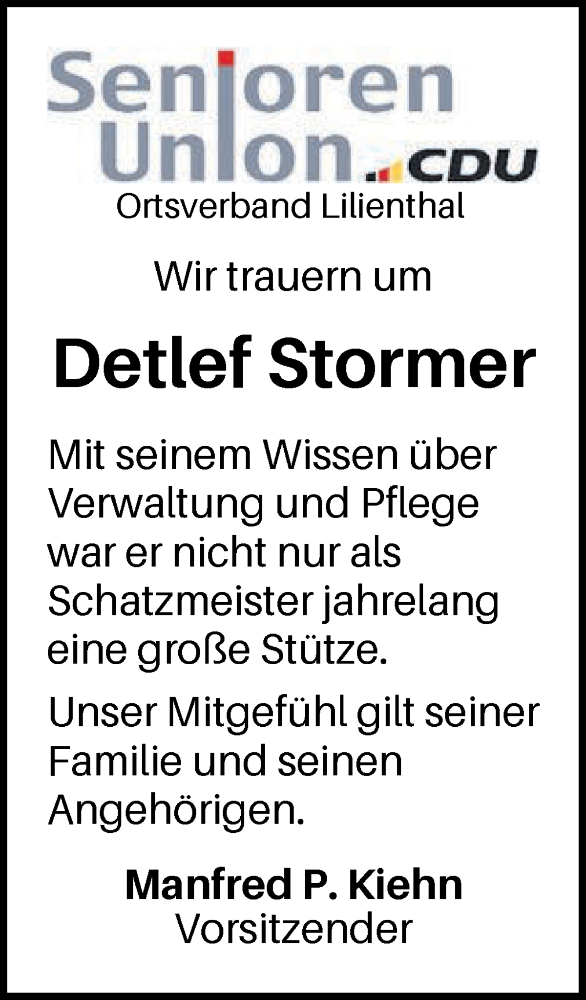 Traueranzeige von Detlef Stormer von Wuemme Zeitung