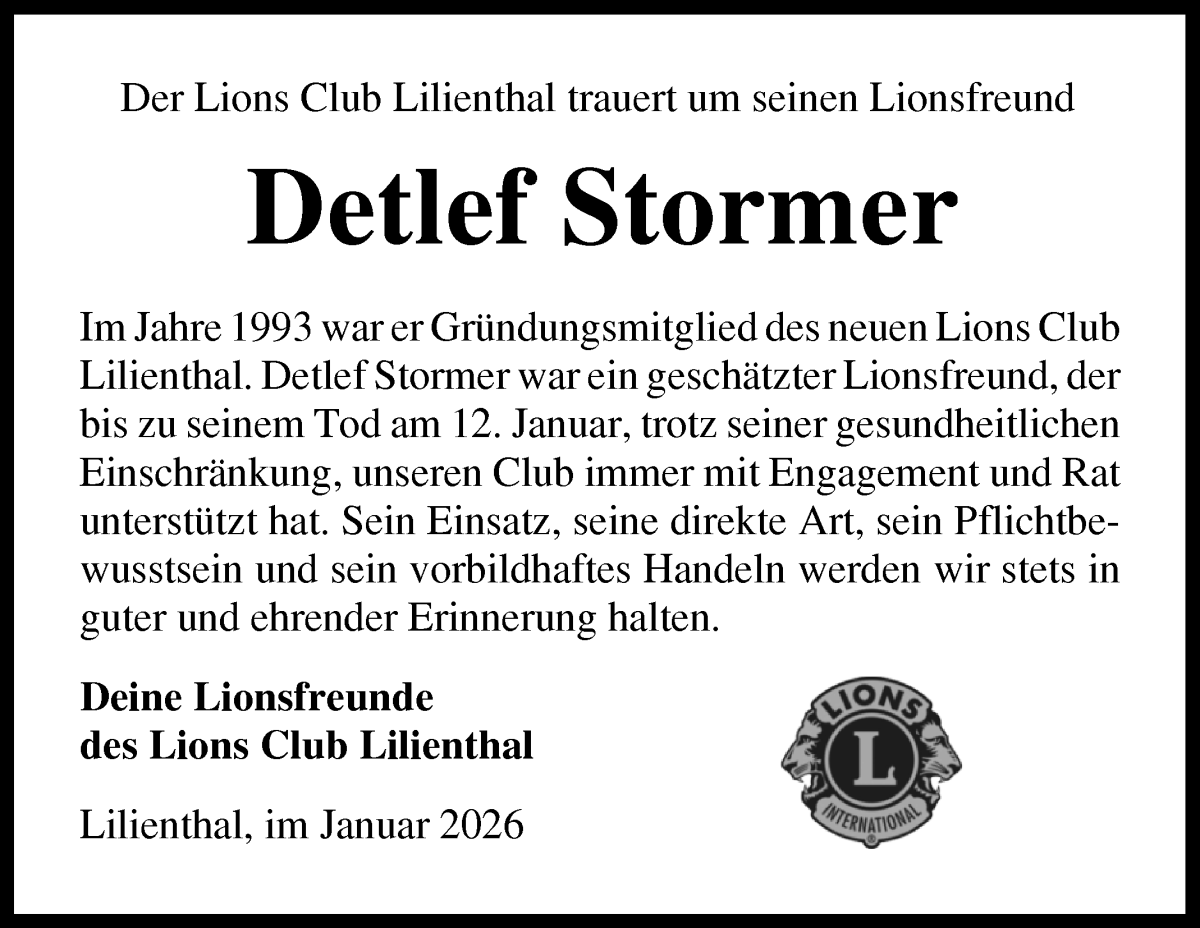Traueranzeige von Detlef Stormer von Wuemme Zeitung