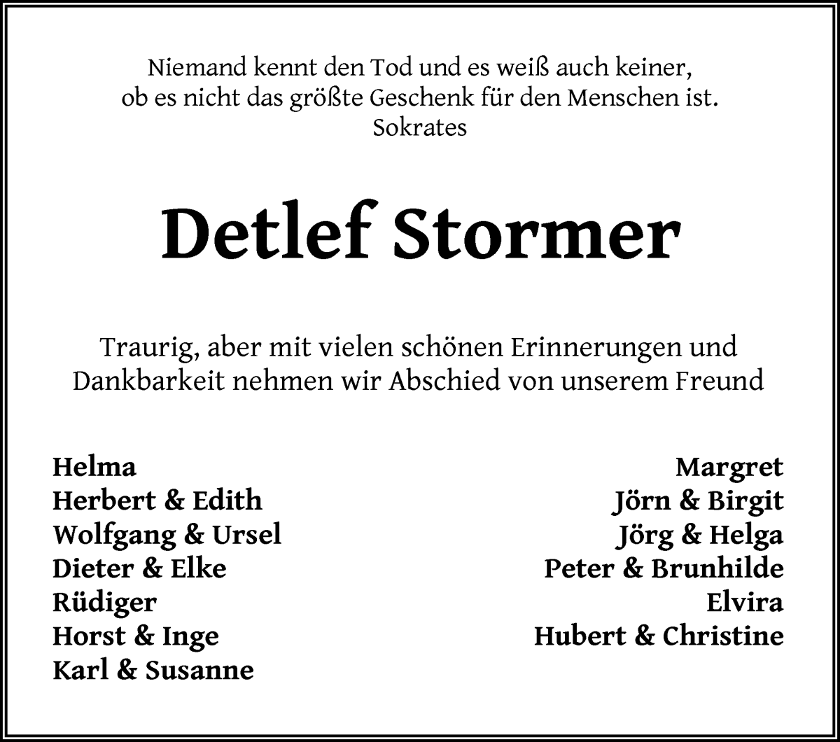 Traueranzeige von Detlef Stormer von Wuemme Zeitung