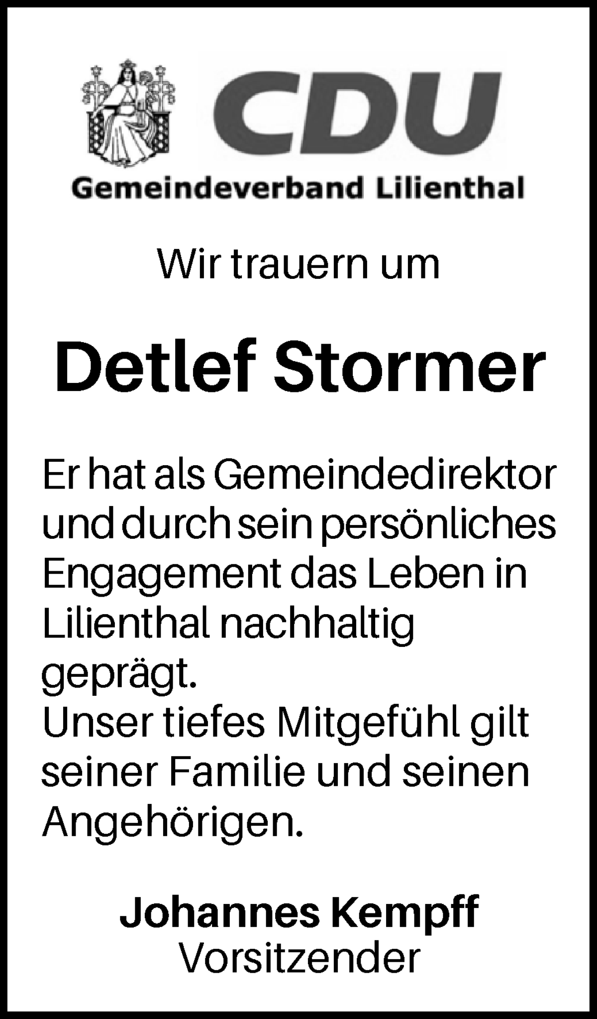 Traueranzeige von Detlef Stormer von Wuemme Zeitung