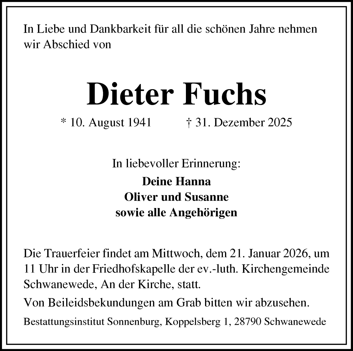 Traueranzeige von Dieter Fuchs von Die Norddeutsche